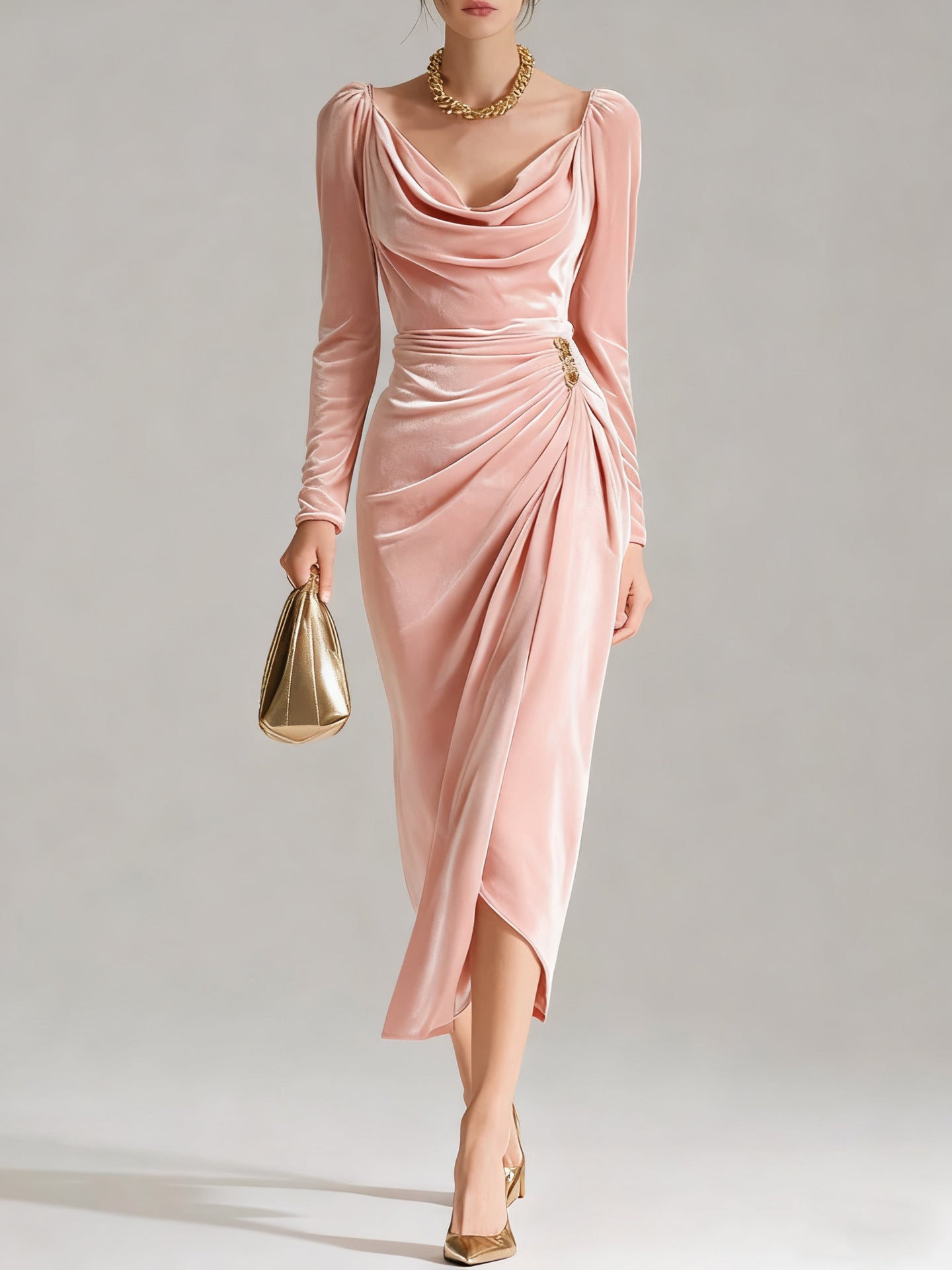Women's Gold Veet Sexy Slimming Long Sleeves Pleated Slit Dress