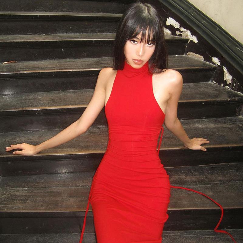 Women's Long Back Hollow Out Sleeveless Halter Dress