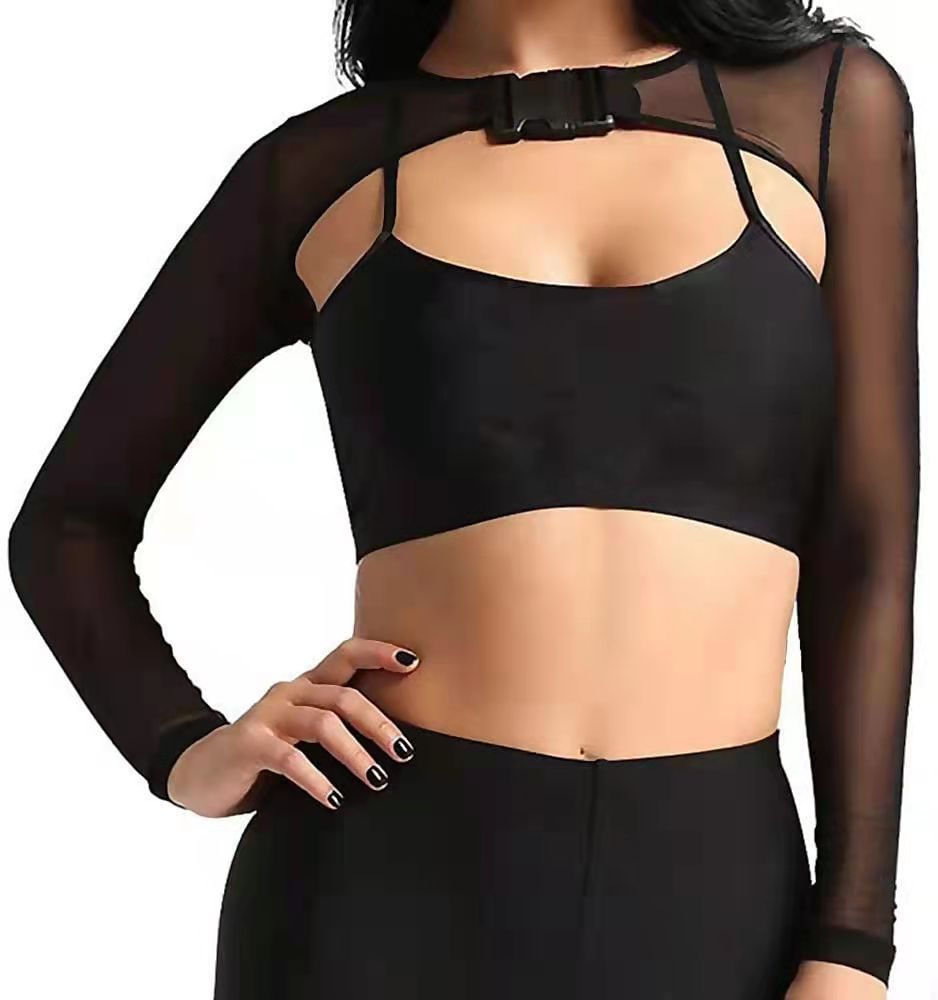 Front Shawl Fishnet With Buckle Long Women's T-shirt