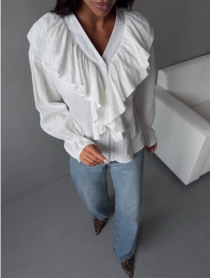Flounce French Style Retro Design Long Sleeve Shirt Early Spring Tops