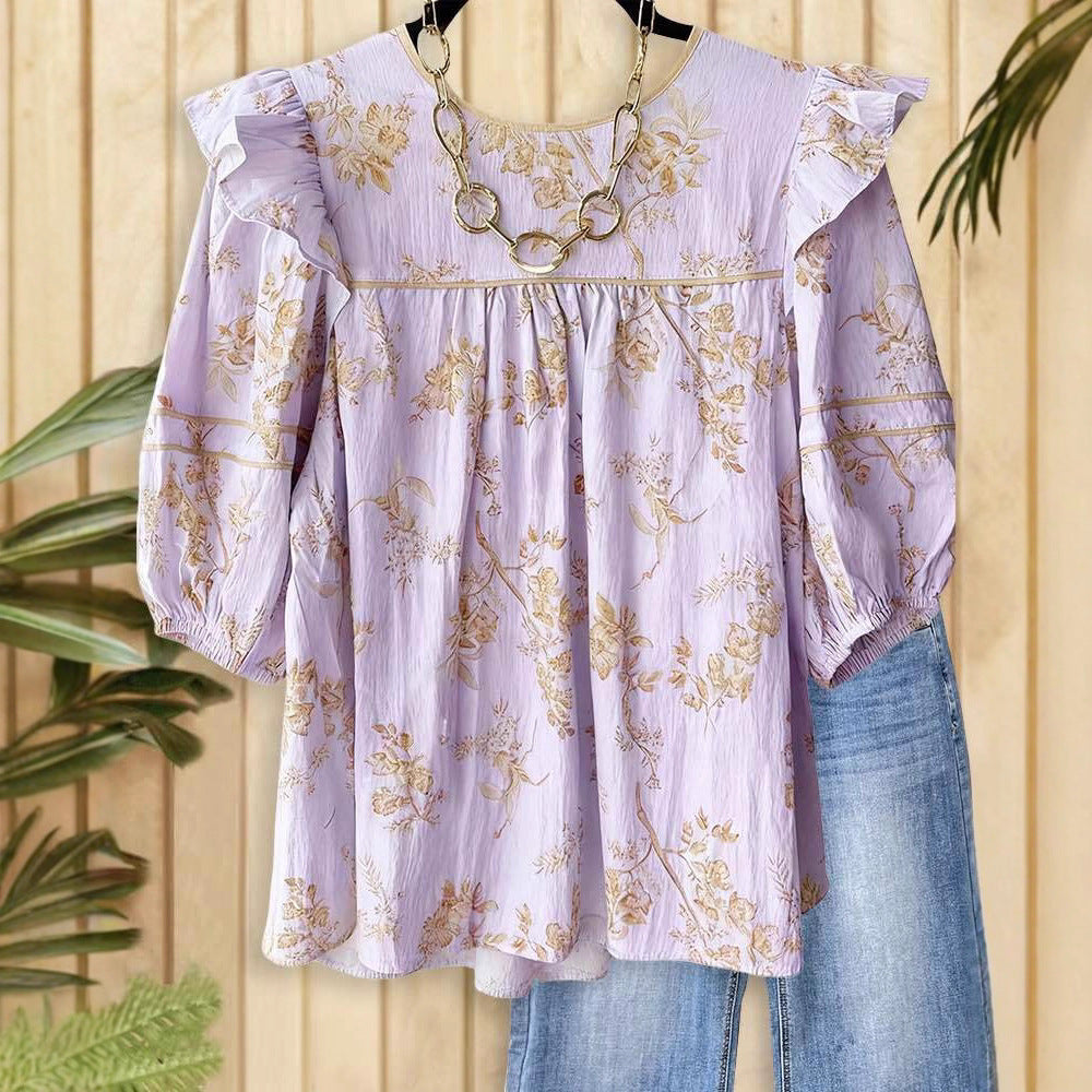 Printing Color Contrast Retro Loose Stitching Long Sleeve Shirt Blouse