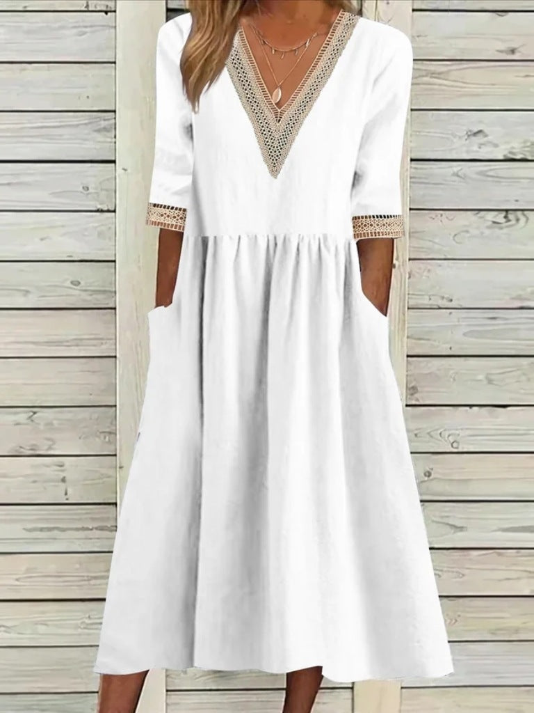 Women's Loose Cotton Linen Lace Collar Half Dress