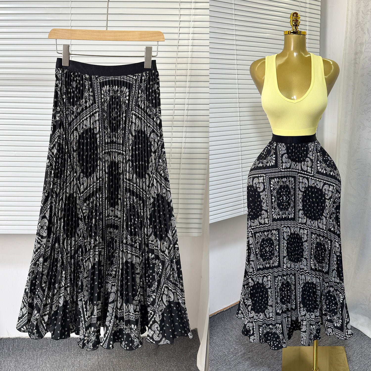 Women's Retro Printed High Waist A- Line Mid-length Pleated Large Hem Skirt