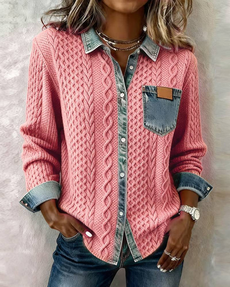 Women's Knitted Patchwork Denim Shirt Fashionable Long Jackets