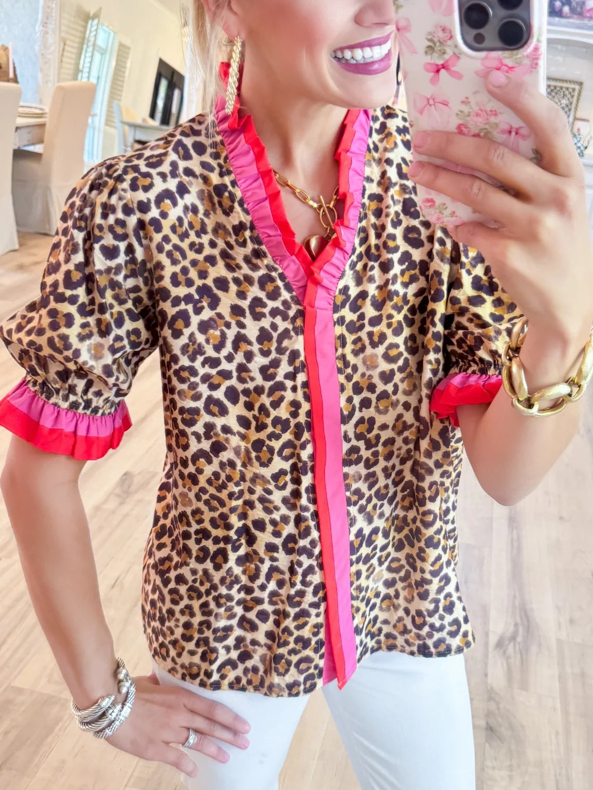 Women's Casual Fashion Leopard Print Contrast Color Ruffled Sleeves Shorts