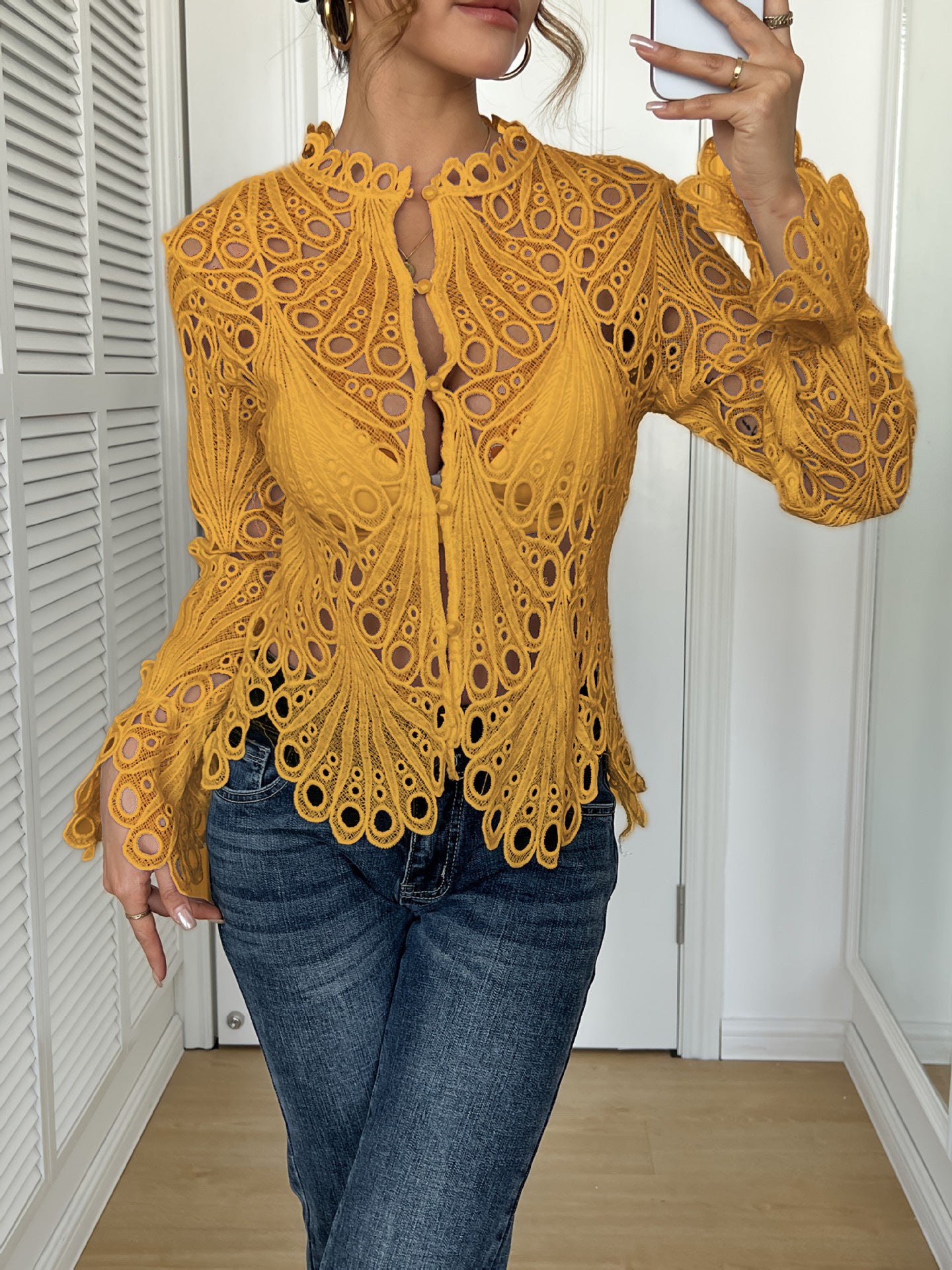 Fashion Sexy Cutout Lace Stand Collar Bell Sleeve Breathable Blouse