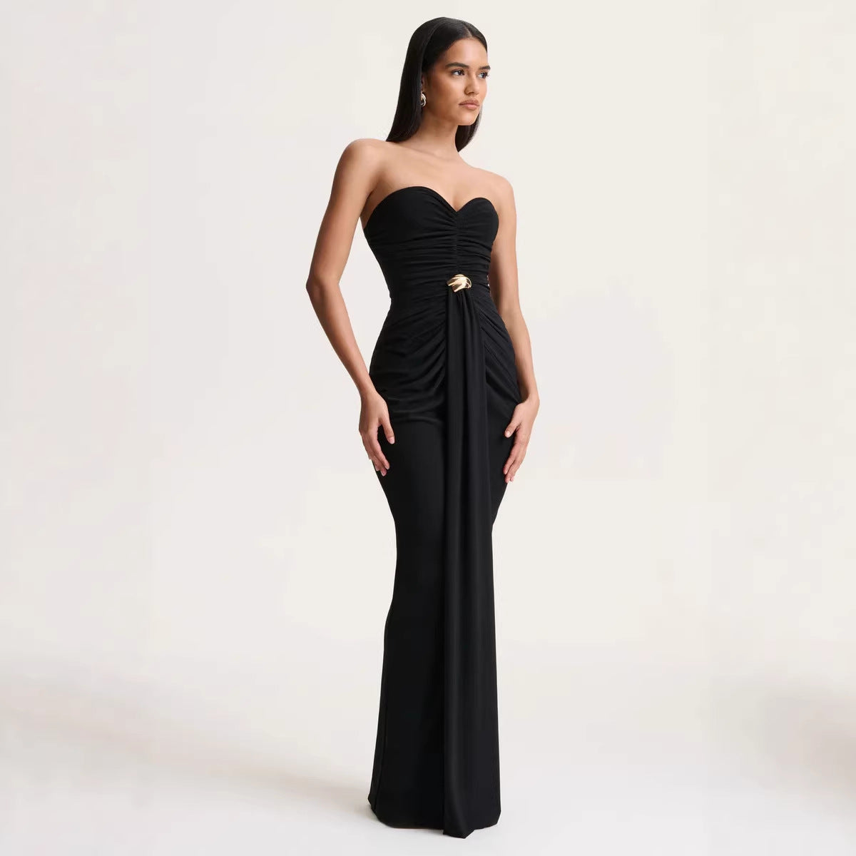 Women's Solid Color Sleeveless Pleated Waist Tight Ribbon Sexy Tube Dress