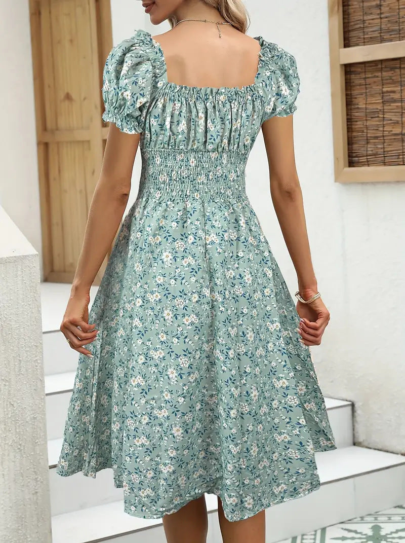 Women's Vintage Floral Puff Sleeve French Dress