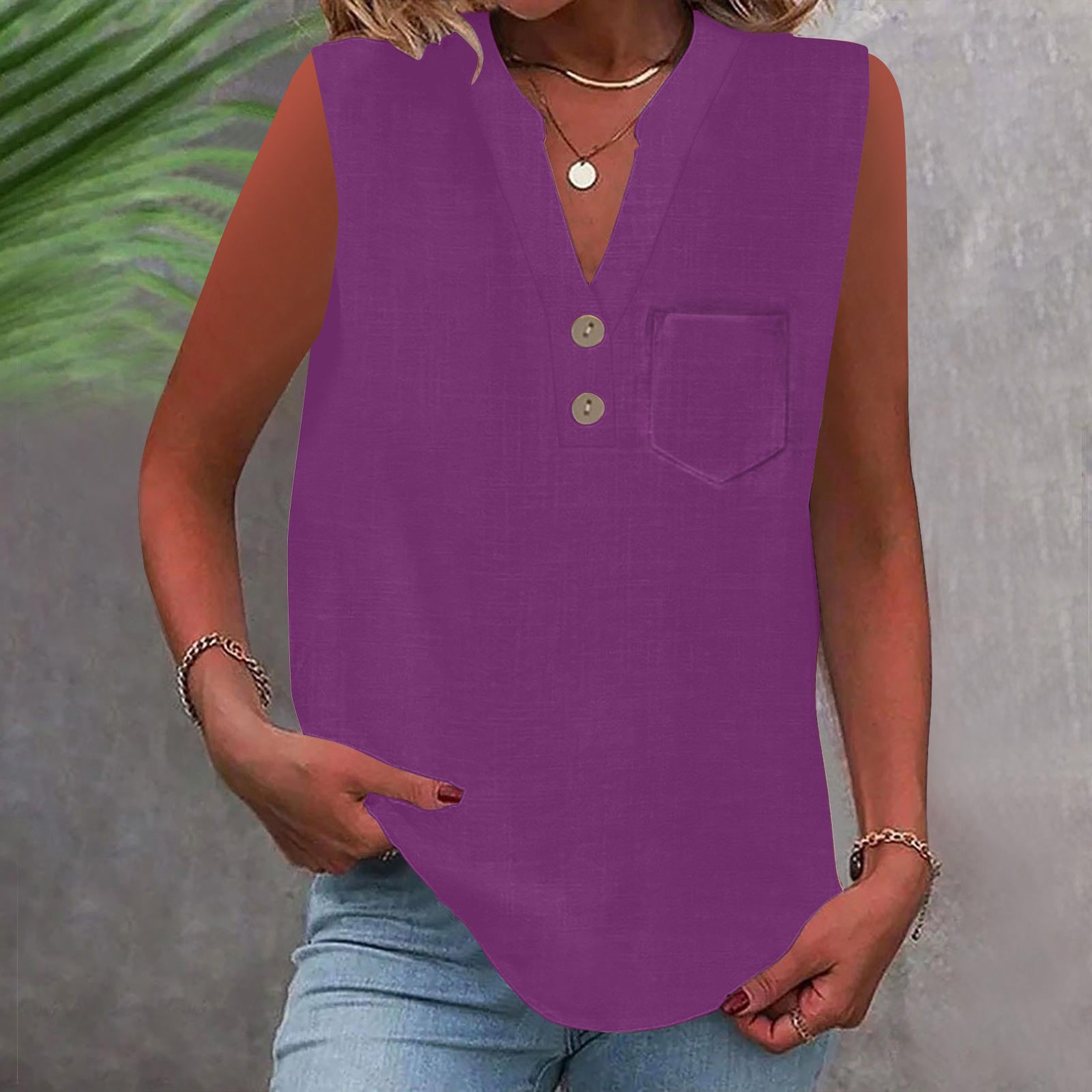 Women's Large Loose Slub Cotton Pocket Idle Tops