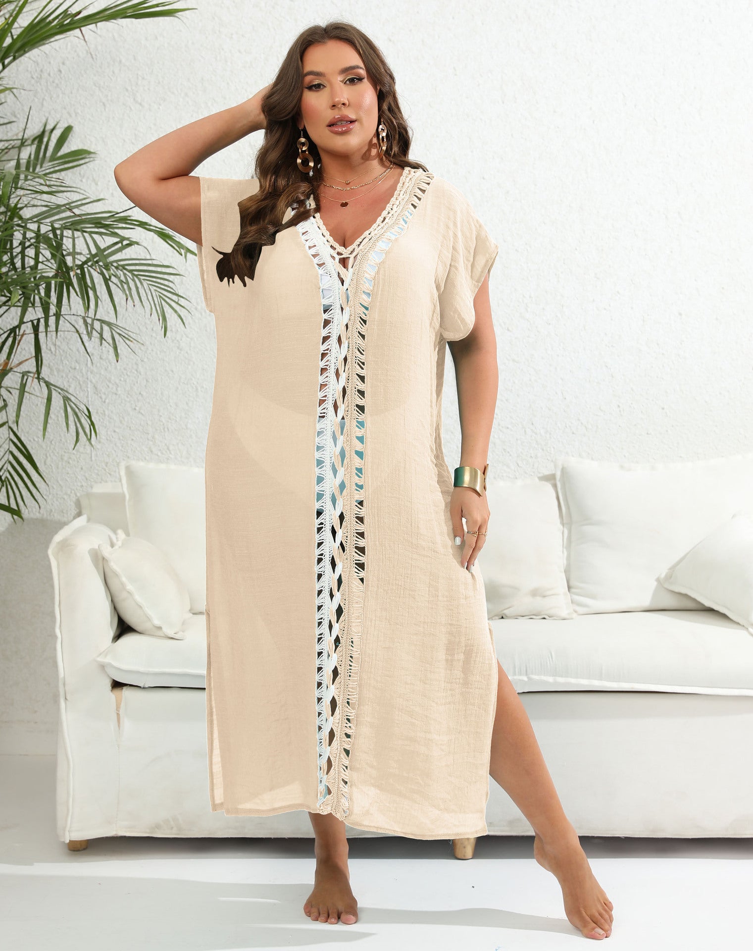 Women's Deep V Slit Loose Black White Contrast Color Dress