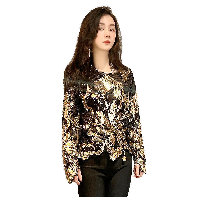Women's Vintage Mesh Round Neck Pullover Beaded Sequins Temperament Commute Tops