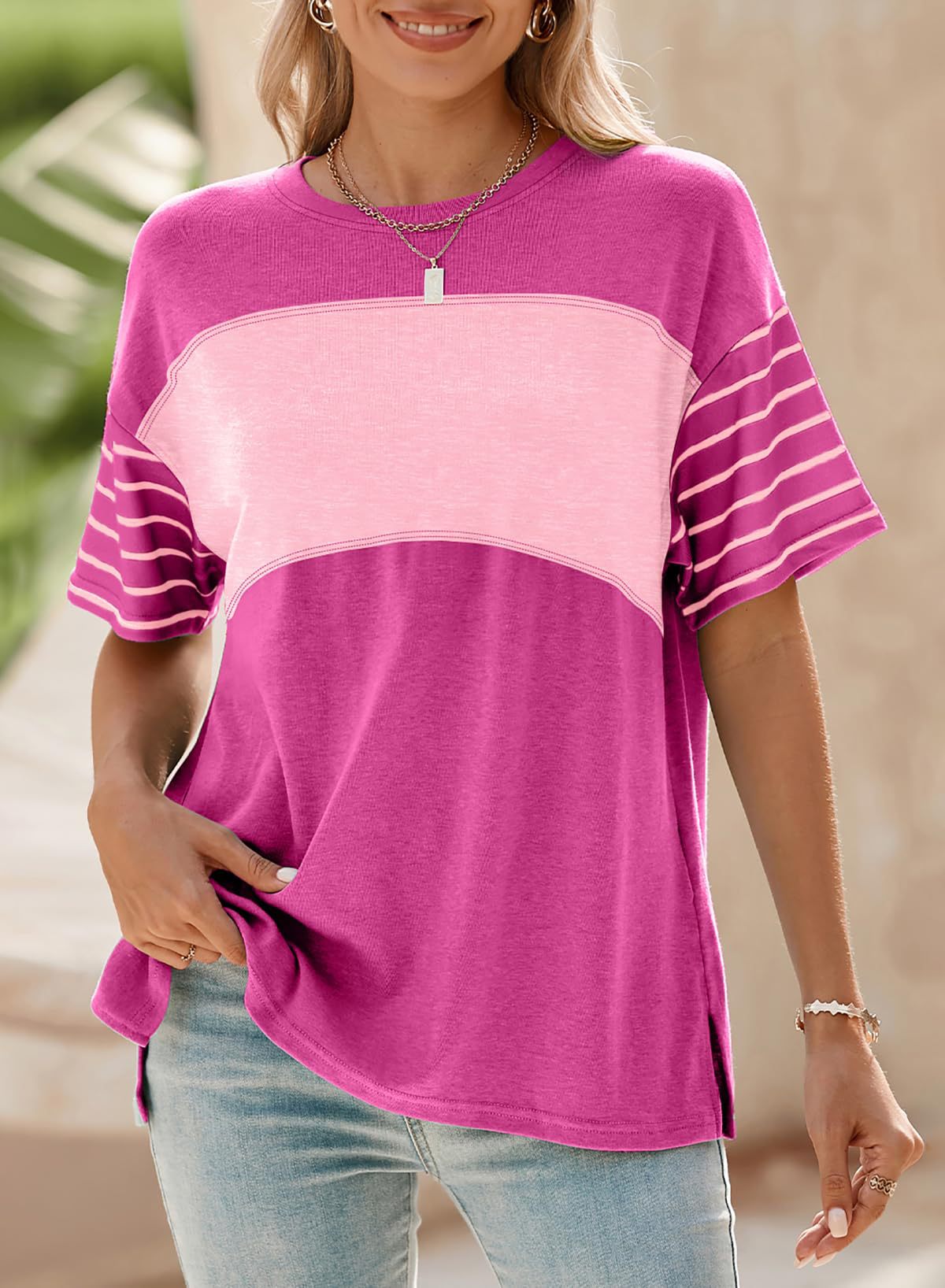 Women's Pullover Crew Neck Casual Striped Contrast Color Women's T-shirt