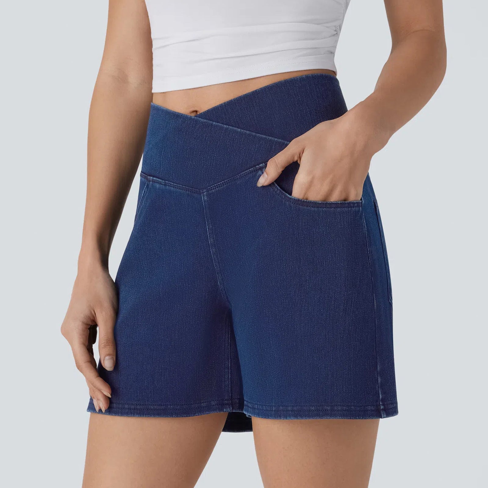 Women's Washed Cross High Waist White Denim Stretch Casual Riding Shorts