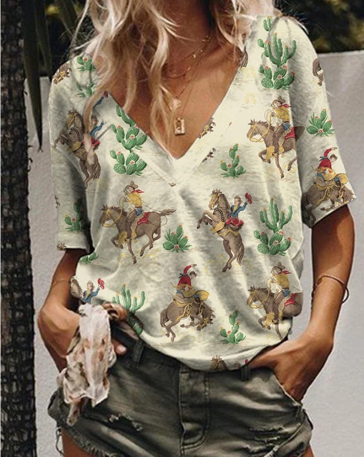 Women's Digital Printed Western Denim Short-sleeved Women's T-shirt
