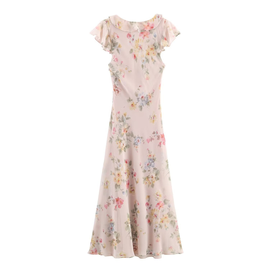 Women's Autumn Flower Printed Laminated Decoration Midi Dress