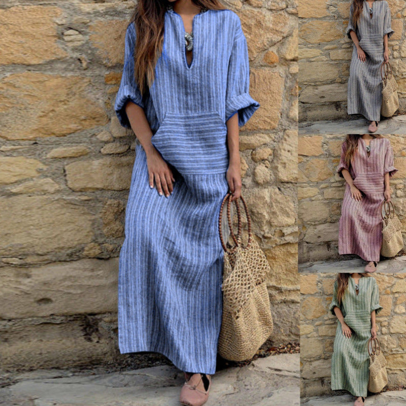 Women's Cotton Linen Yarn-dyed Striped Loose Pockets Dress