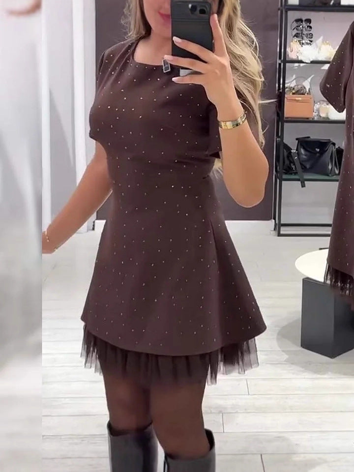 Women's Hem Mesh Pleated Solid Color Commute Dress