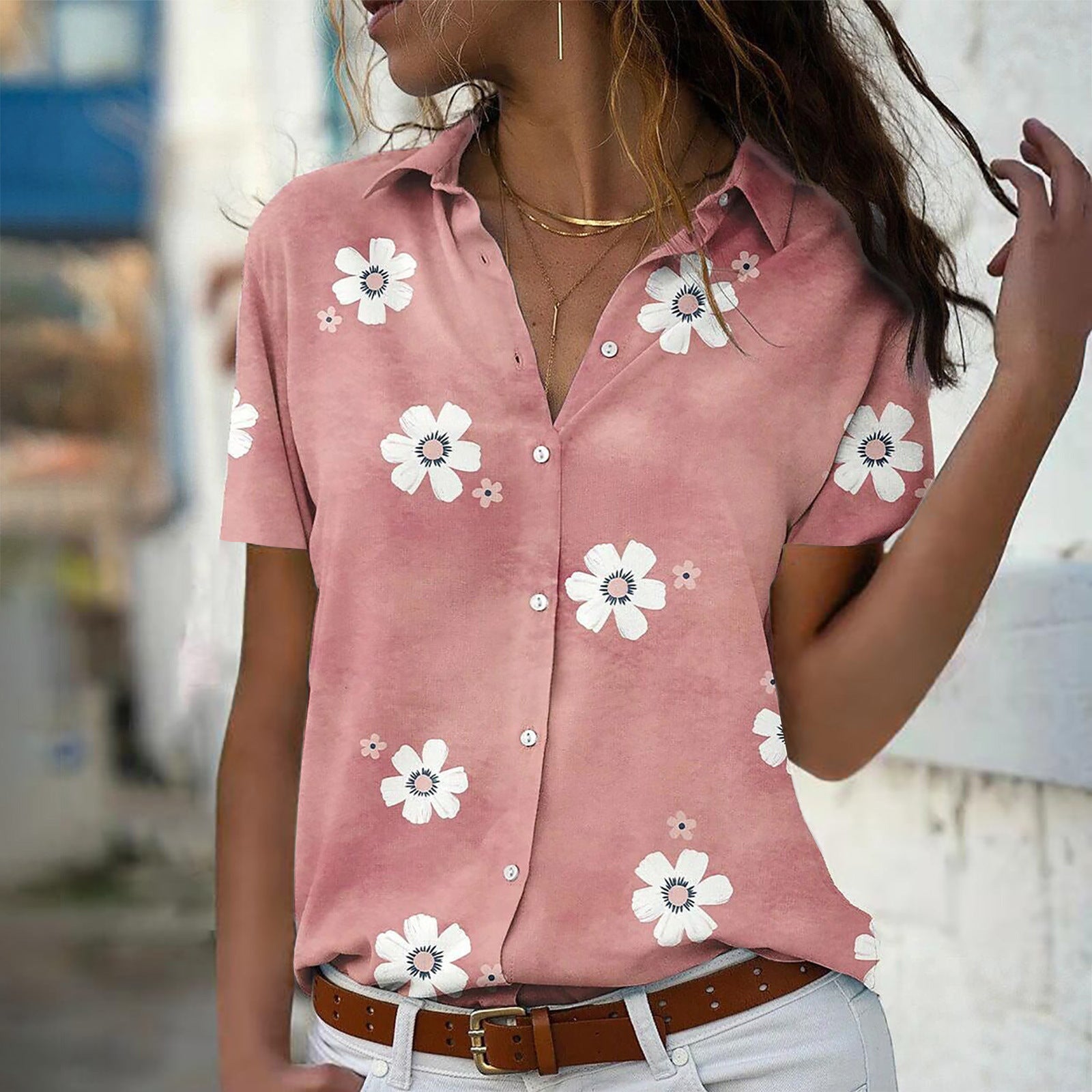 Women's Fashion Casual Sleeve Button Flower Print Blouse