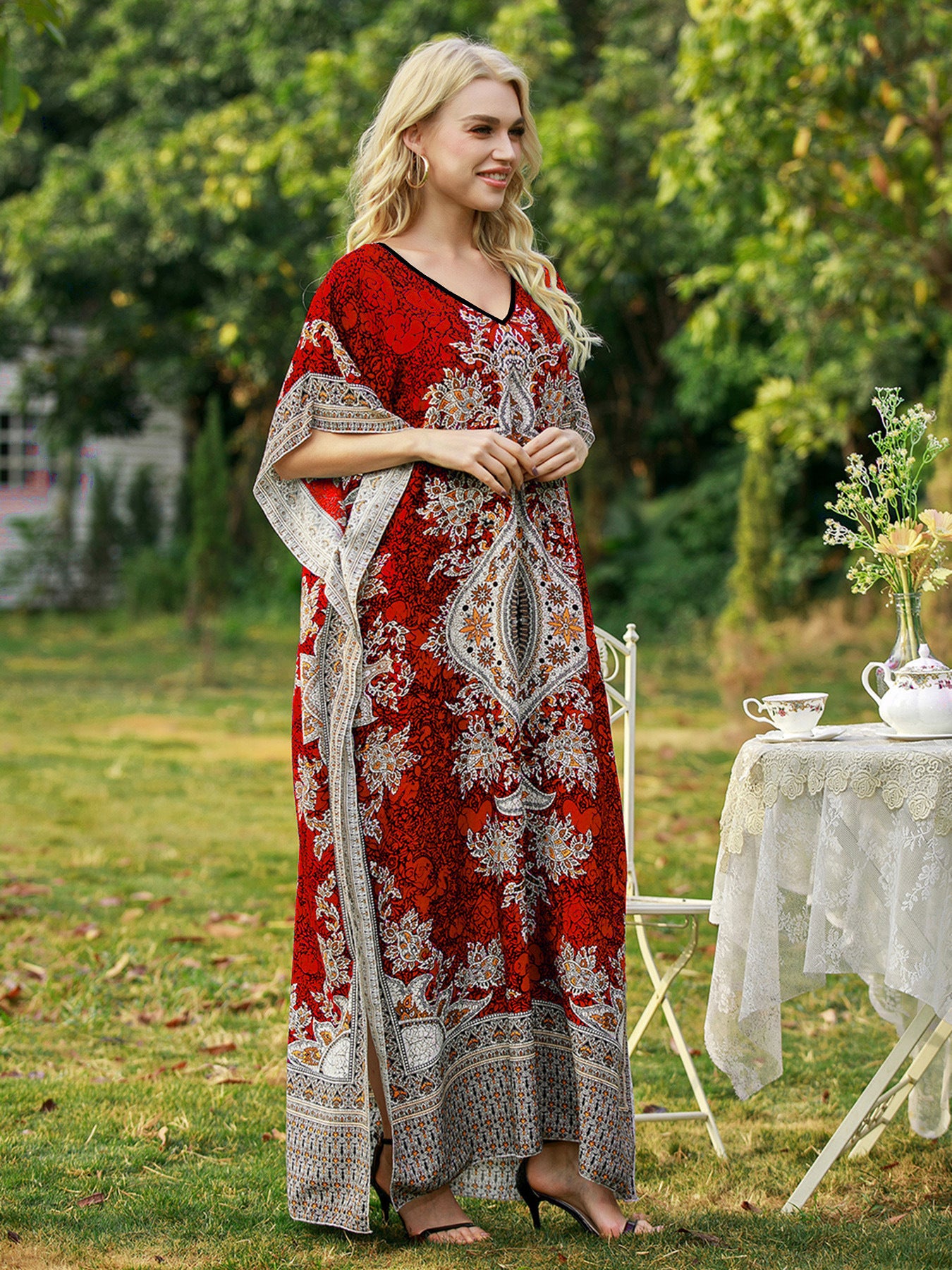 Women's Printed Loose Round Neck Robe Seaside Dress