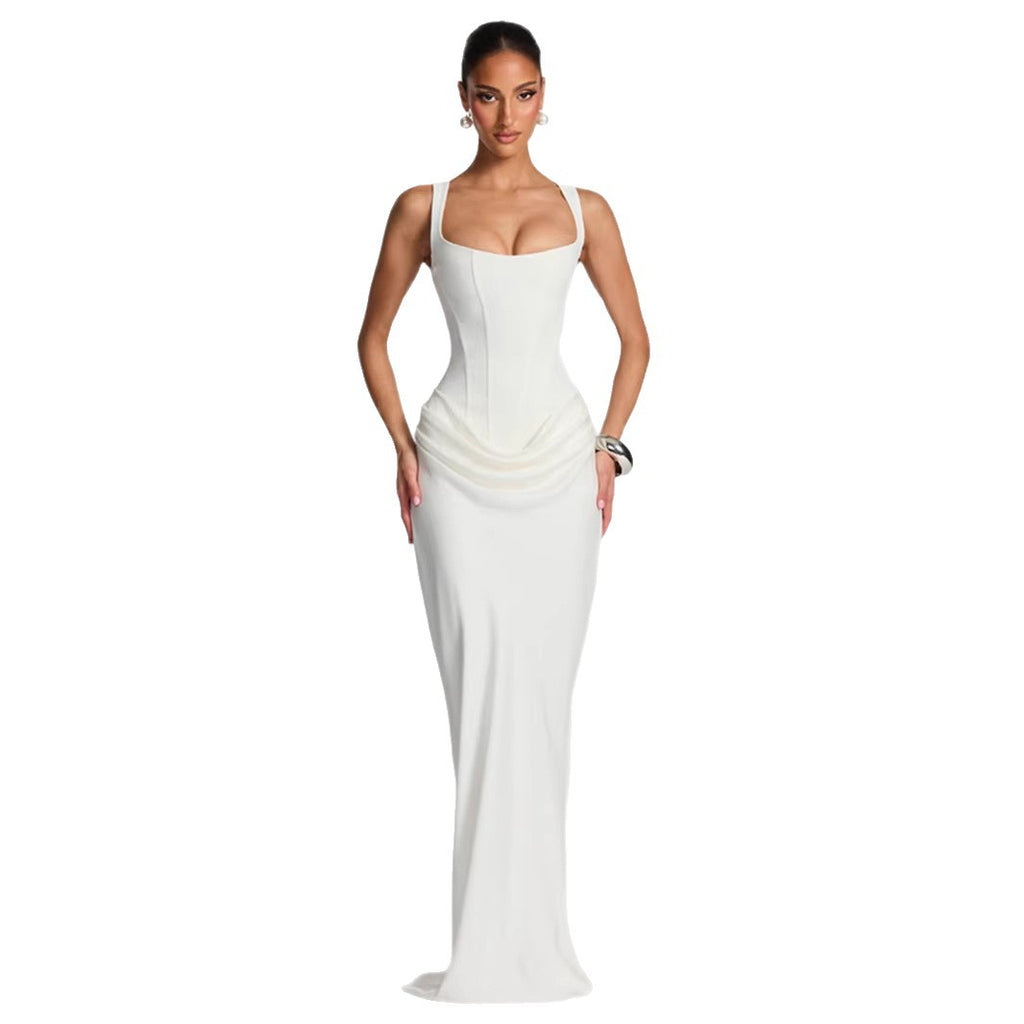 Color Sexy Fashion Sleeveless Pleated Square Collar Dress