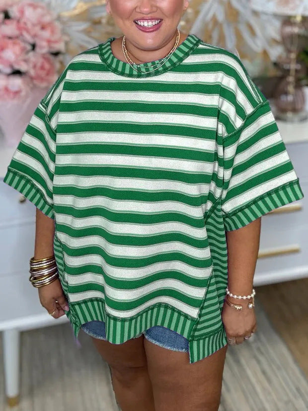 Slouchy Women's Loose Casual Striped Stitching Women's T-shirt