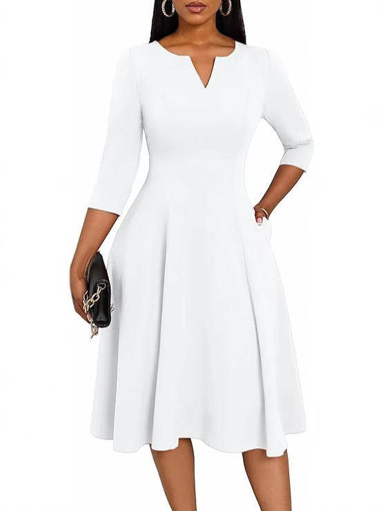 Mid-length Flared Three-quarter Sleeve Guest Work Dress