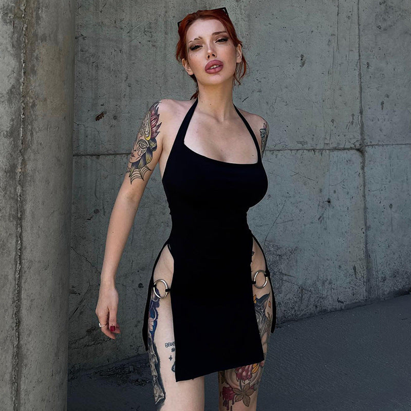 Summer Solid Color Backless Halter Sexy Hot Dress
