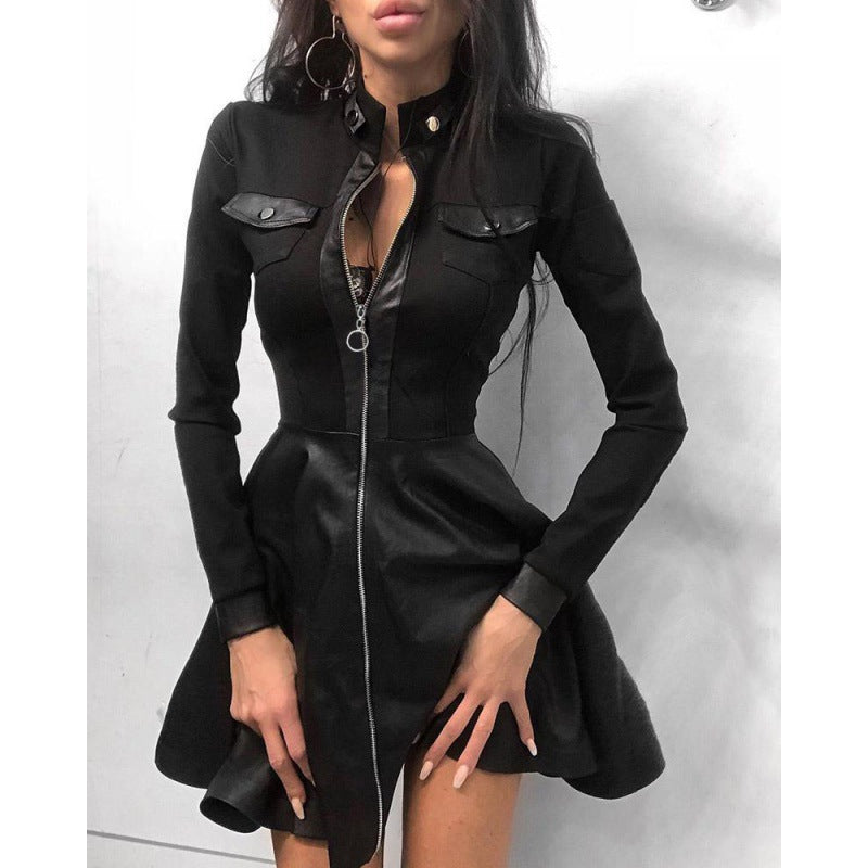 Comfortable Women's Fashion Leather Stitching Waist Dress