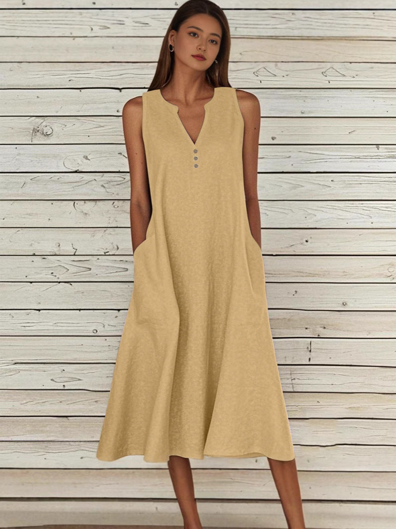 Women's Linen Ethnic Greek Sleeve Maxi Sleeveless Dress