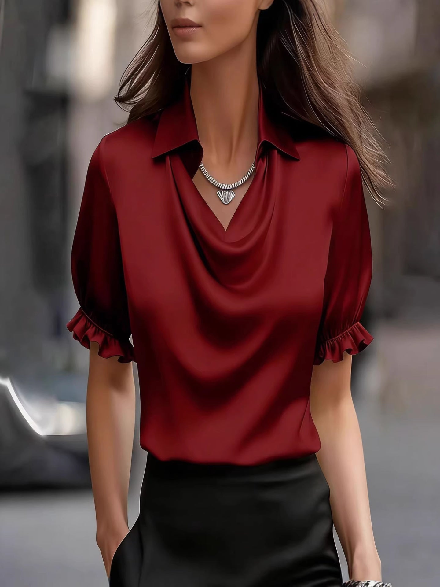 Women's Simple Graceful Swing Collar Shirt Sleeved Blouse
