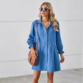 Women's Washed-out Long Sleeve Stitching Denim Midi Dress