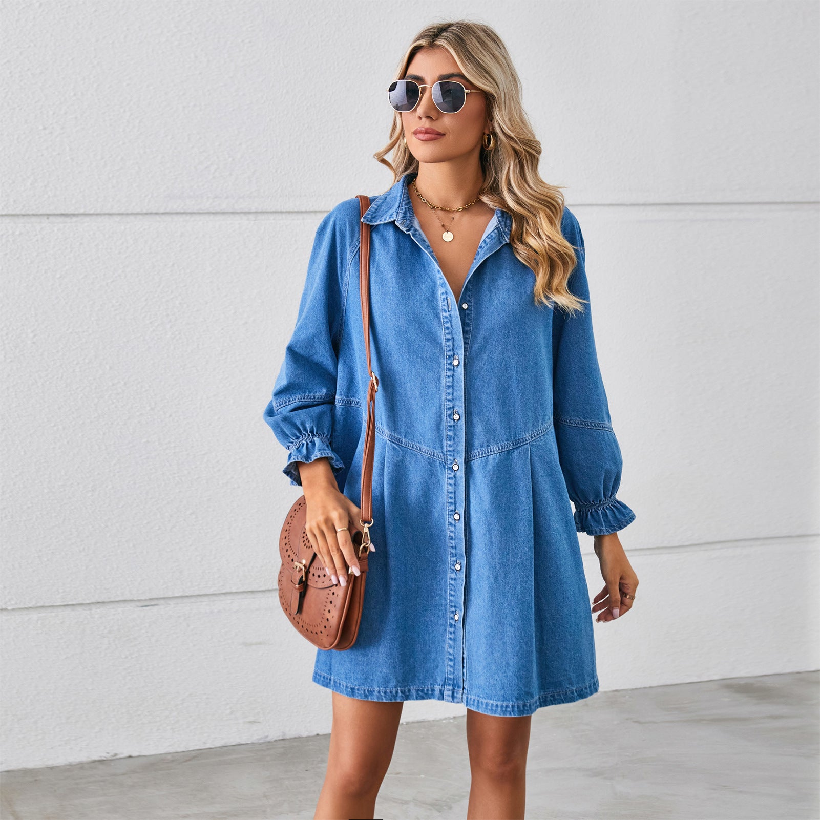 Women's Washed-out Long Sleeve Stitching Denim Midi Dress