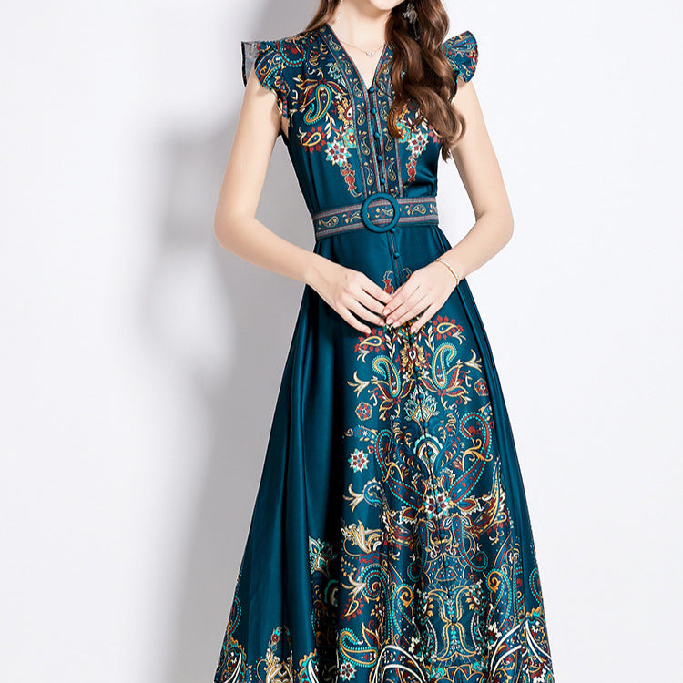 Retro Court High-grade Printed Lantern Sleeve Waist Slimming Elegant Dress