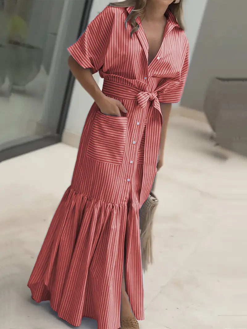 Fashion Striped Sleeve Loose Midi Shirt Shorts