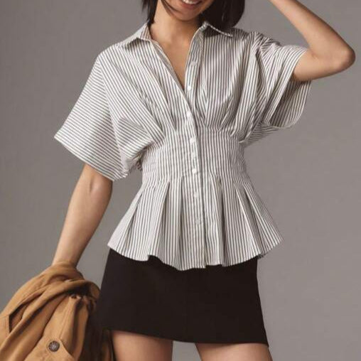 Trimming Shirt Leisure Striped Pleat Waisted Slim Fit Blouse