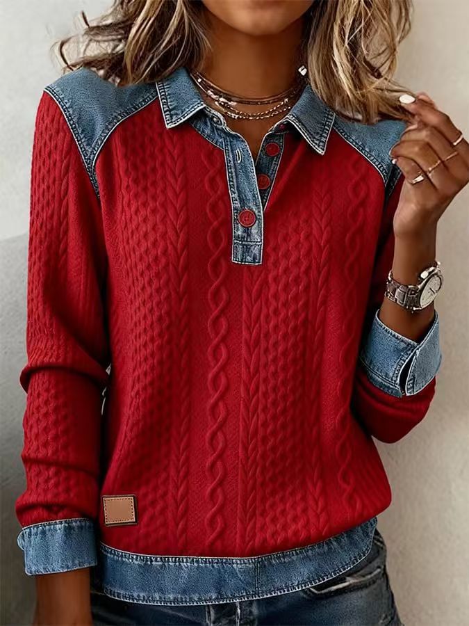 Women's Knitted Lapel Long Sleeve Shirt Casual Stitching Blouse