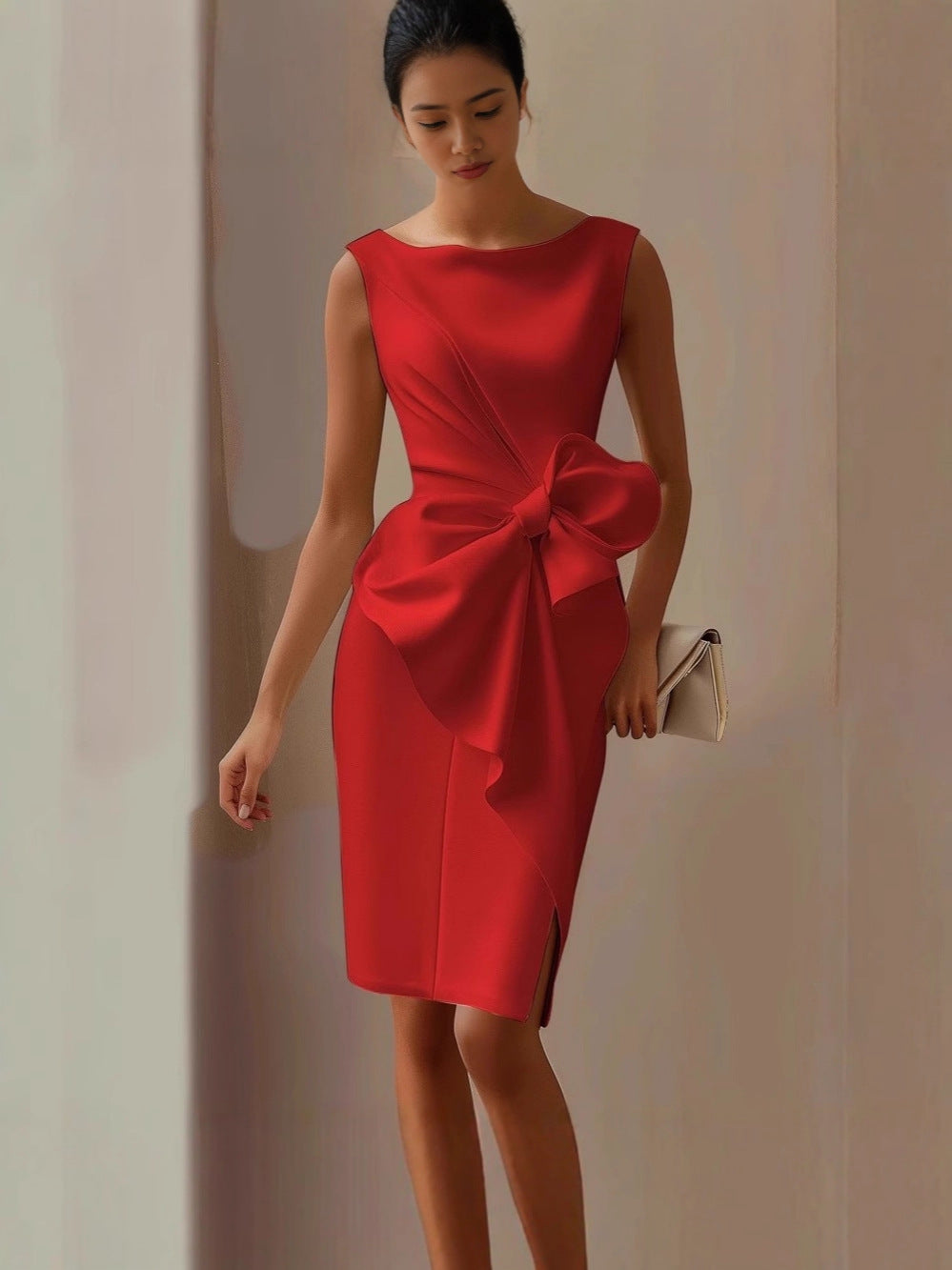 Fashionable Elegant Style Chinese Bow Mid Dress