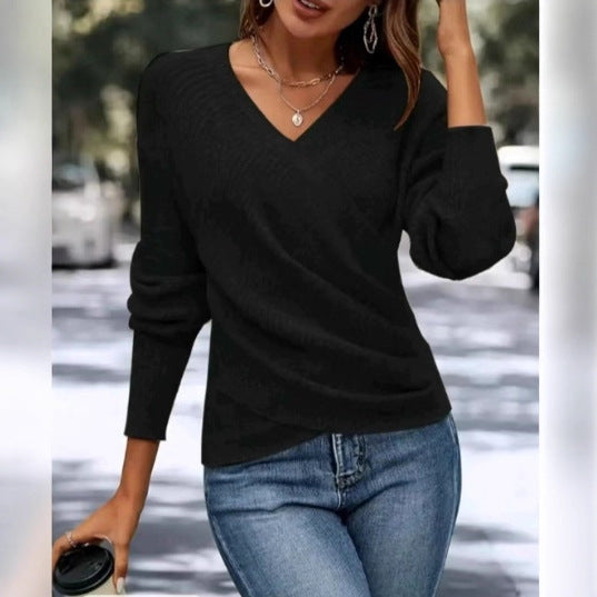 Women's Collar Long Sleeve Cross Solid Color Sweaters
