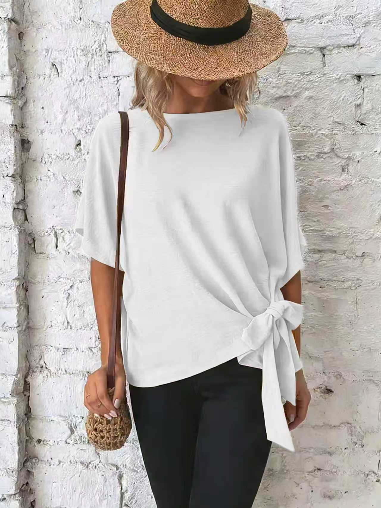 Women's Summer Solid Color Batwing Sleeve Knotted Women's T-shirt