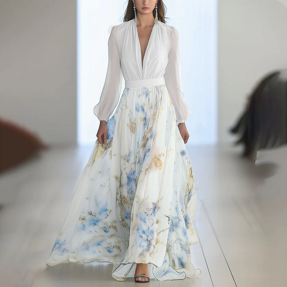 Women's Digital Printing Long Sleeve Collar Patchwork Dress