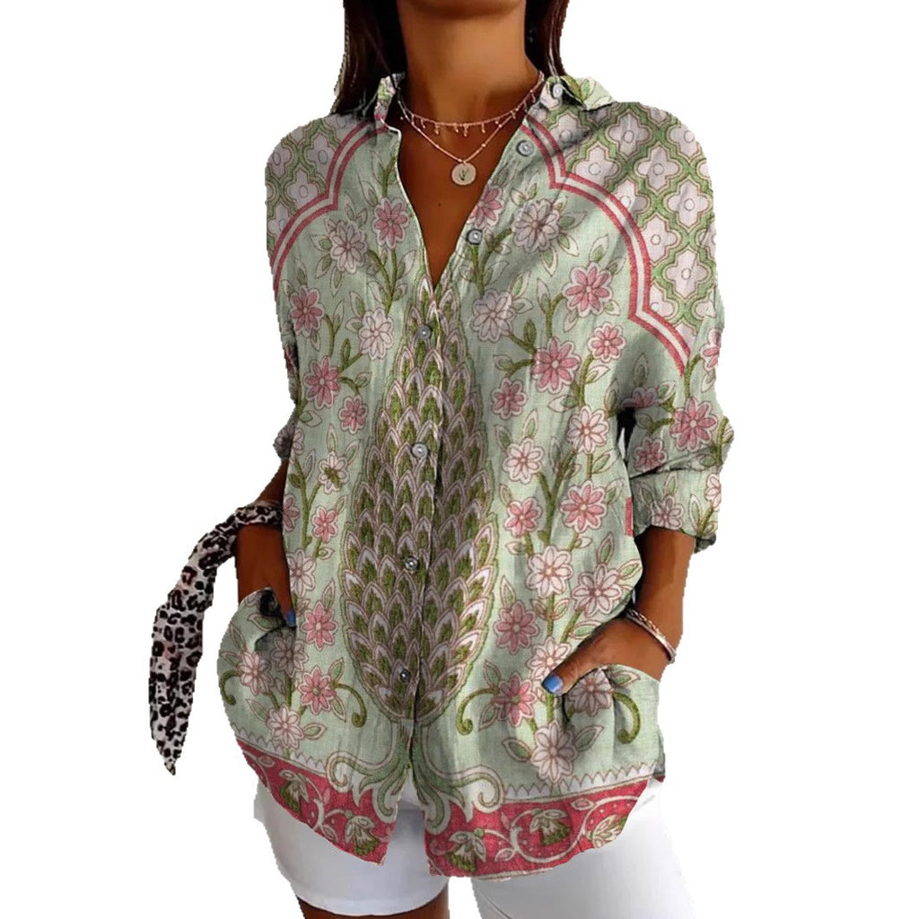 Women's Digital Printing Abstract Pattern Long Sleeve Buckle Blouse