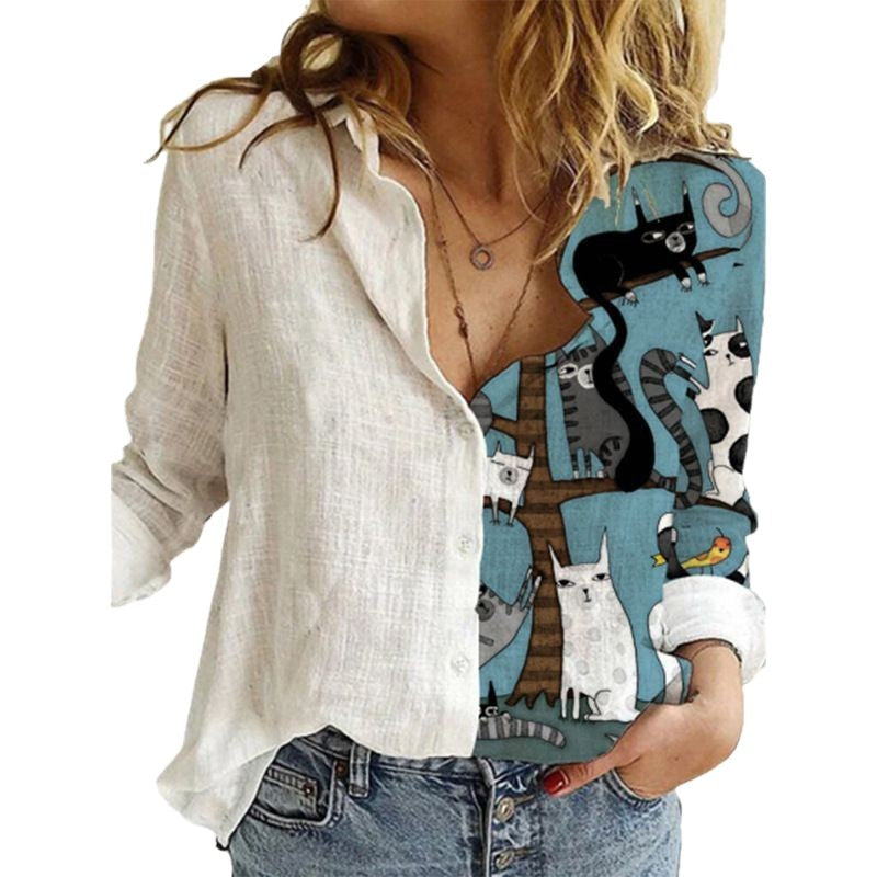 Classic Women's Shirt Printed Long-sleeved Casual Blouse