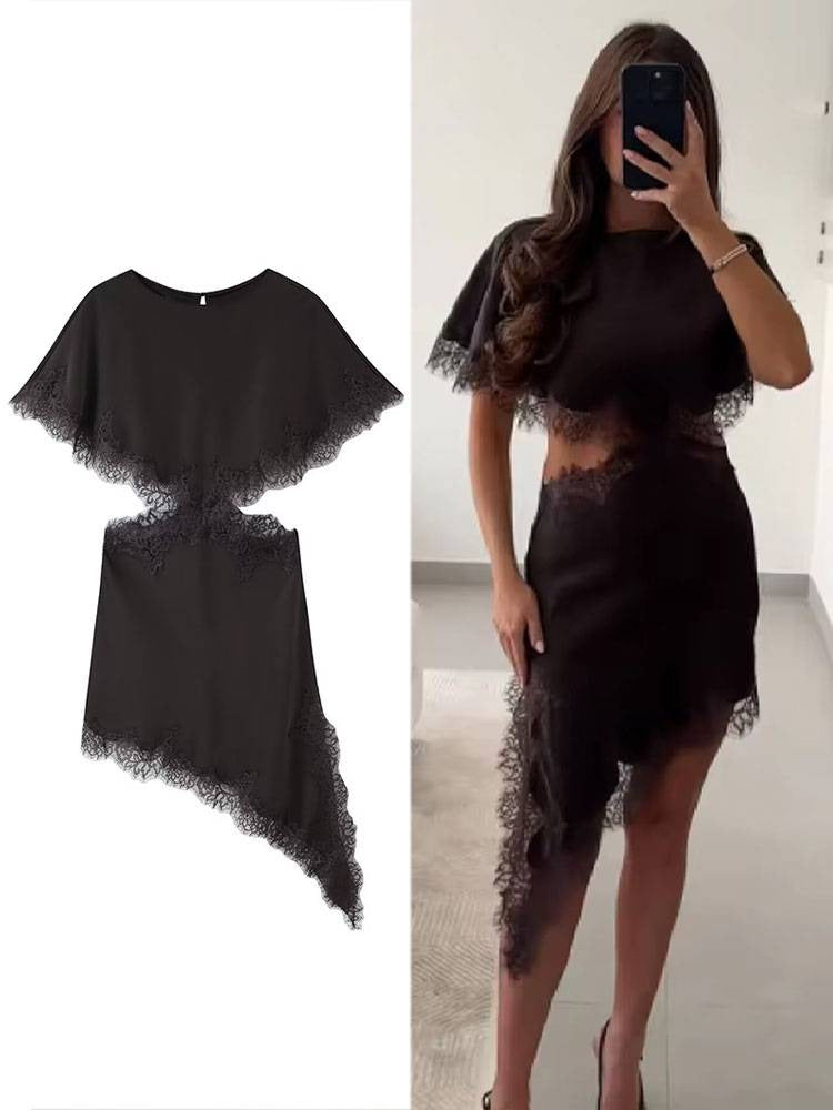 Women's Fashion Lace Trim Leaky Waist Opening Design Dress