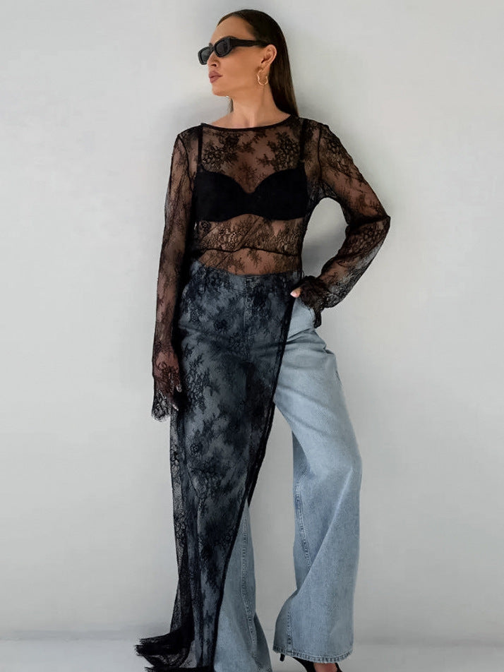 Women's Sexy Black Jacquard Lace Knitted Slit Dress