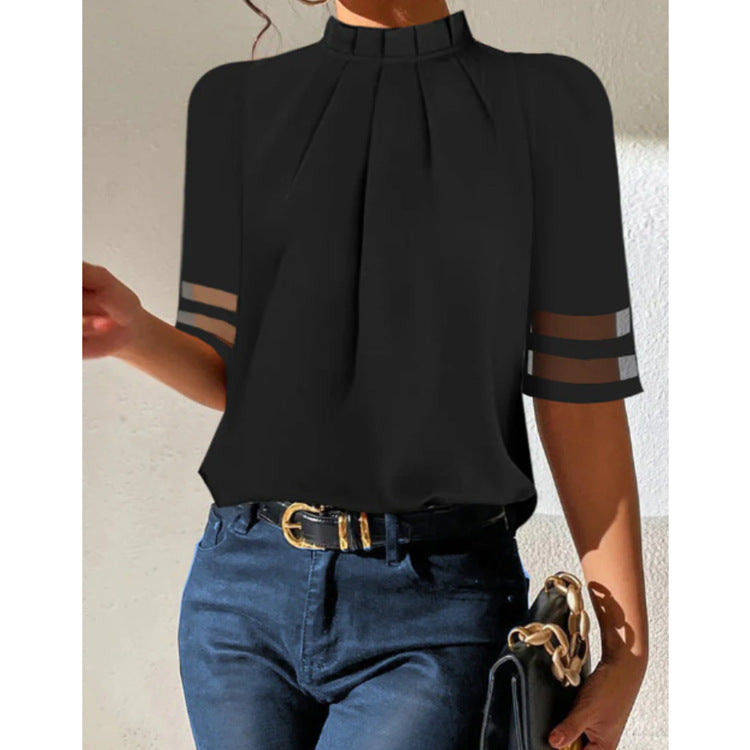 Popular Summer Pure Black Pleated Turtleneck Blouse