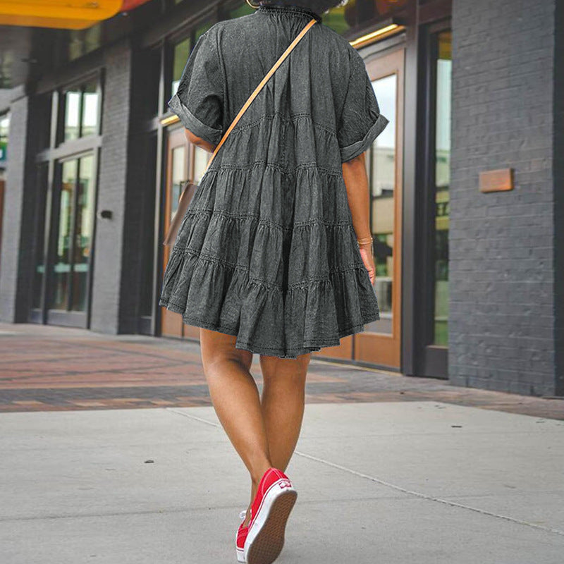 Classic Classy Denim Sleeve Slim Pettiskirt Dress
