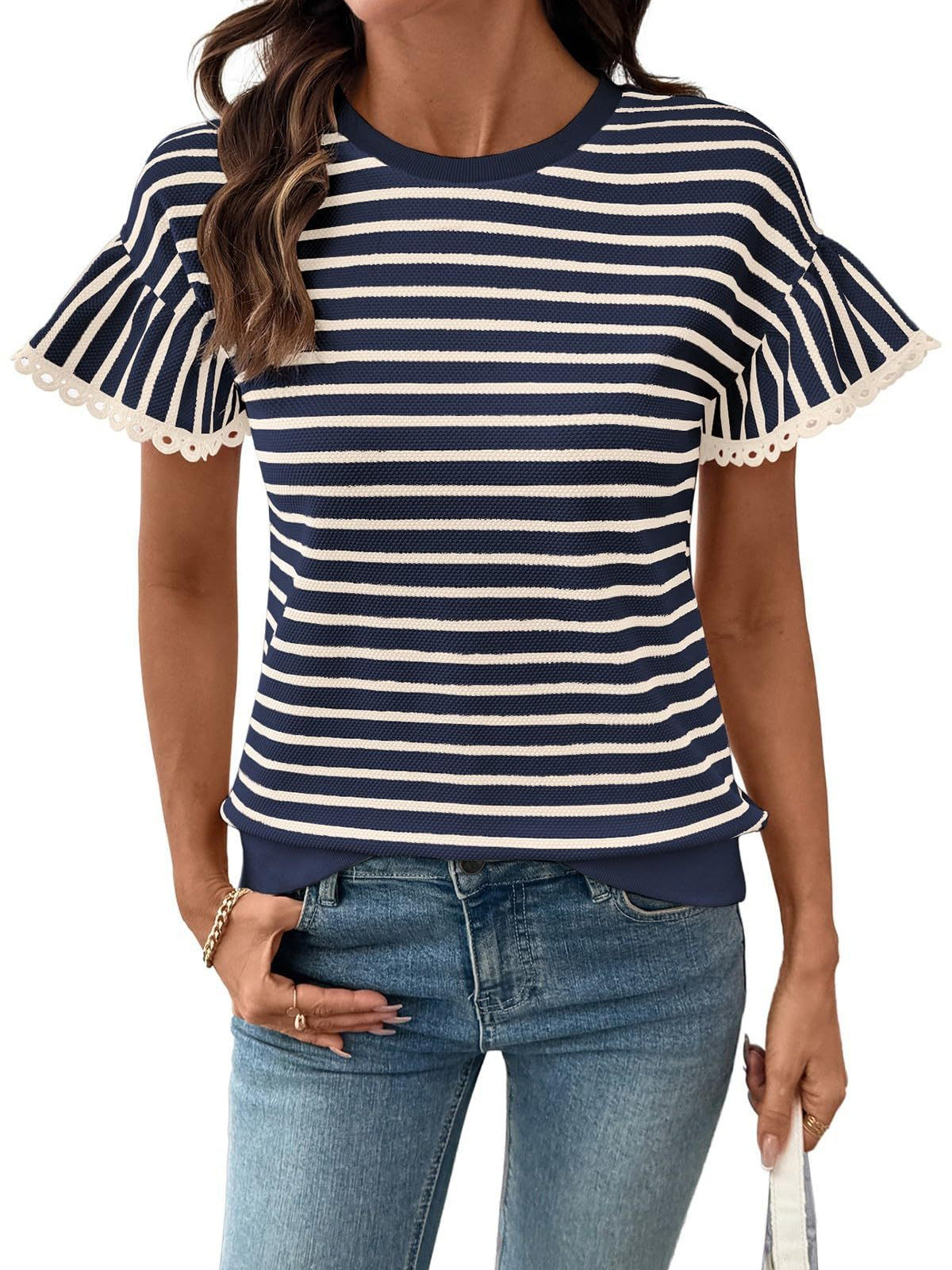 Women's Striped Lace Round Neck Sleeve Fashionable Tops
