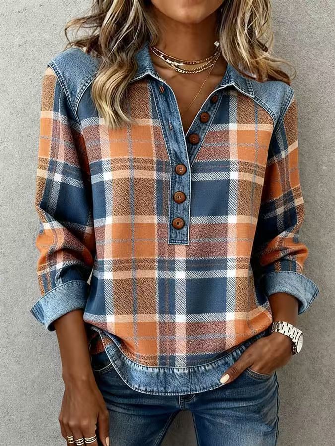 Women's Knitted Lapel Long Sleeve Shirt Casual Stitching Blouse