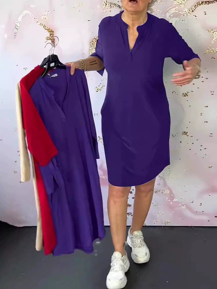 Women's Summer Fashion Solid Color Three-quarter Sleeve Dress