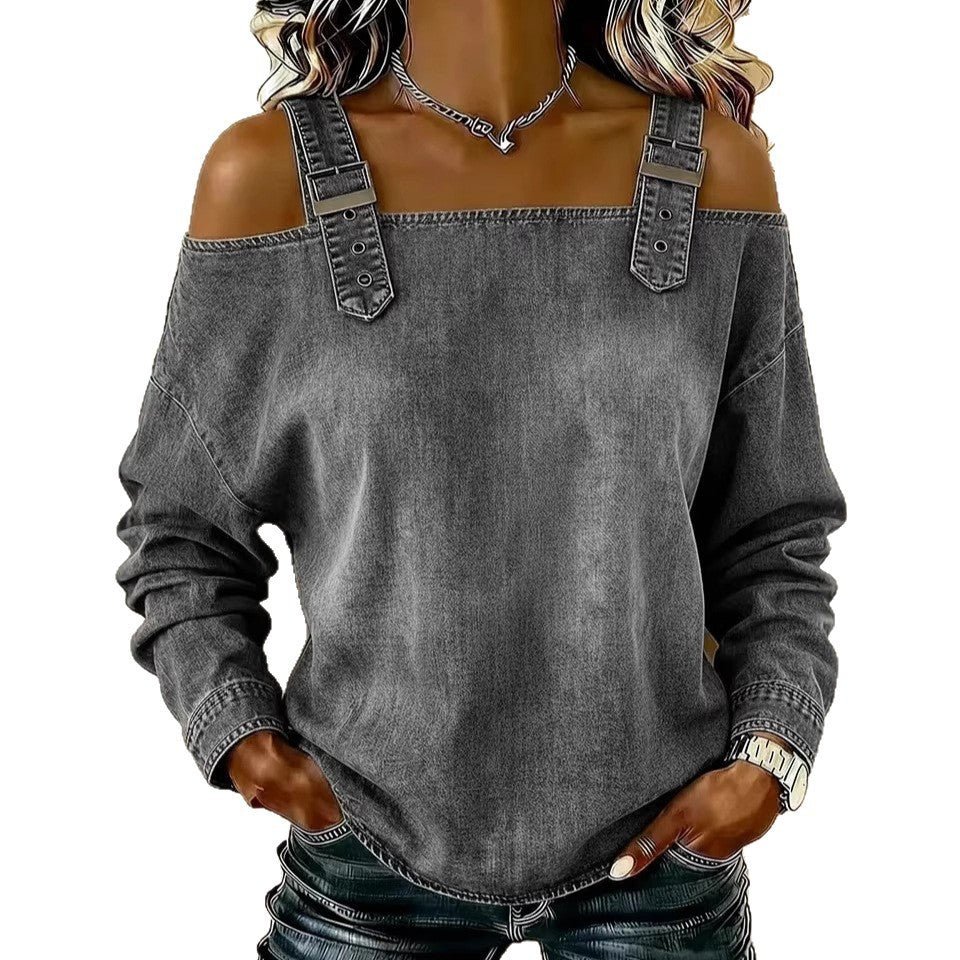 Women's Autumn Tie Shoulder Strap Long Sleeve Tops